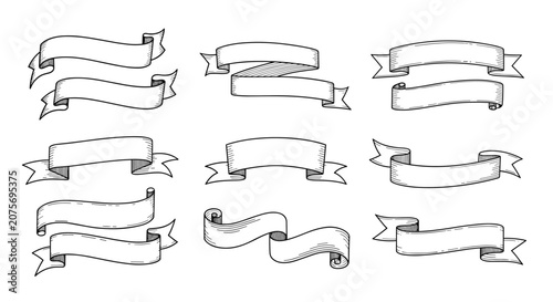 Collection of various vintage style hand drawn ribbon banners and scrolls for titles and text decoration in black and white.