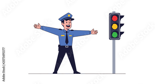 Friendly traffic police officer in blue uniform standing next to a traffic light with his arms open to direct vehicles.