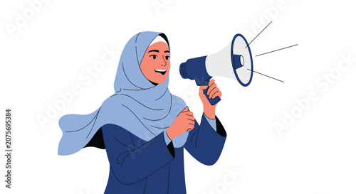 Empowered muslim woman wearing a blue hijab uses a megaphone to share an important message or announcement with a crowd.