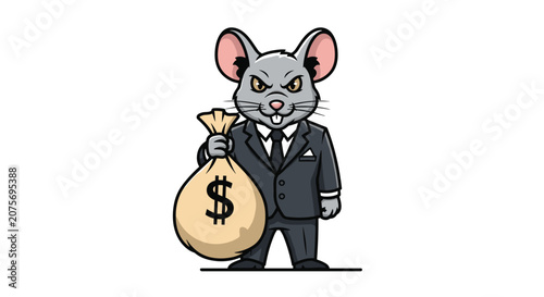 Tough cartoon mouse dressed in a professional business suit and tie firmly holding a large sack of money with a dollar sign.