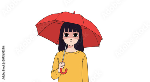 Melancholy young girl with dark hair standing under a large red umbrella against a plain white background.