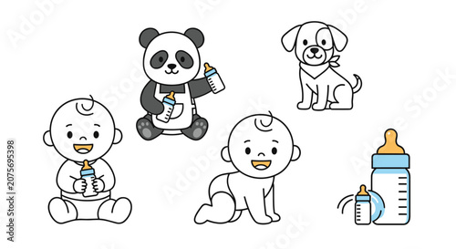 Variety of cute characters including babies, a panda, and a dog associated with baby bottles and nursing care.