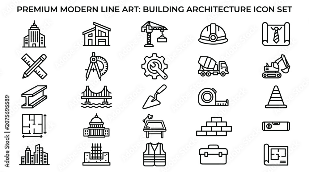 Naklejka premium Modern line art icon collection for building architecture featuring highrise structures suburban homes heavy machinery safety equipment drafting supplies bridge infrastructure concrete construction