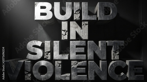 3d rendered text reading build in silent violence with a metallic concrete texture