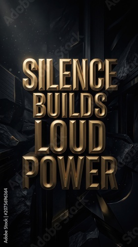 Gold 3d text reading silence builds loud power on a dark abstract background