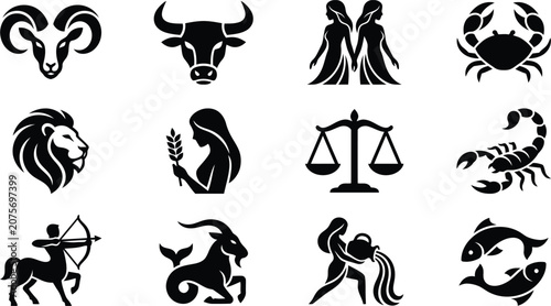 Set of twelve black zodiac sign icons featuring astrology horoscope symbols for all twelve months of the year