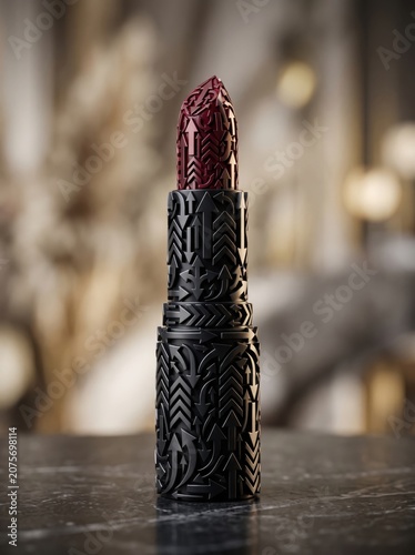 Luxury lipstick with intricate arrow pattern engraving on product and casing
