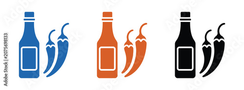 Foto Hot sauce bottles and chili pepper icon set, colorful spicy sauce and pepper vec