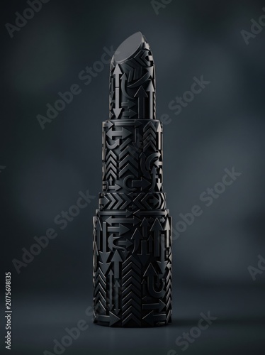 3d render of a black lipstick tube with a textured pattern of arrows