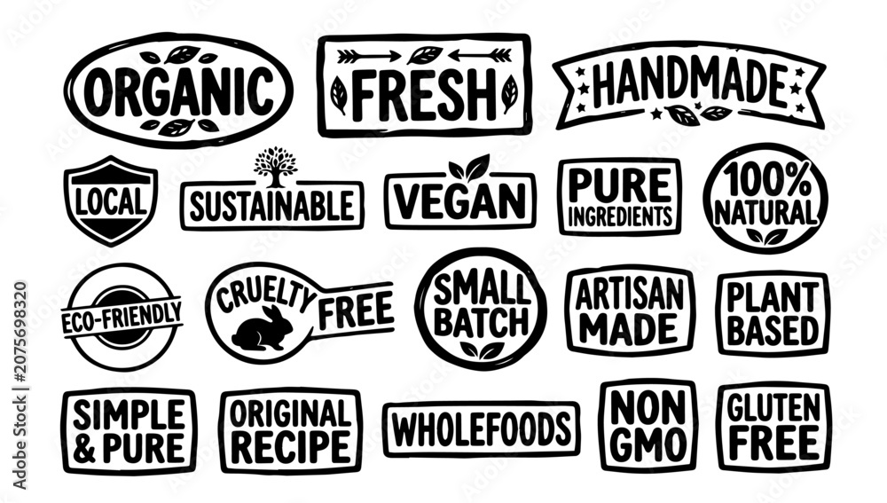 Obraz premium Hand Lettered Organic Product Label Sticker Sheet, Bold Retro Ink Stamp Badges Vector