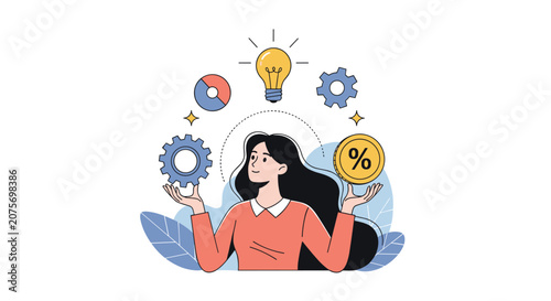Resourceful business woman multitasking effectively while balancing business elements like gears, charts, percentage and creative ideas.