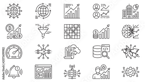 Business Data Analytics and Financial Statistics Line Icons Set for Infographics and Dashboards