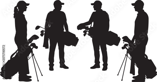 Foto Golf Player Silhouette Set with Male and Female Golfers Carrying Golf Bags

Collection of golfer silhouettes featuring male and female golf players carrying golf bags in relaxed standing poses