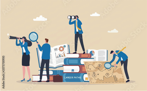 Discover or finding opportunity, searching for new career, job or possibility, finding books new job, candidates or insight concept, business people look through spyglass, telescope to see opportunity