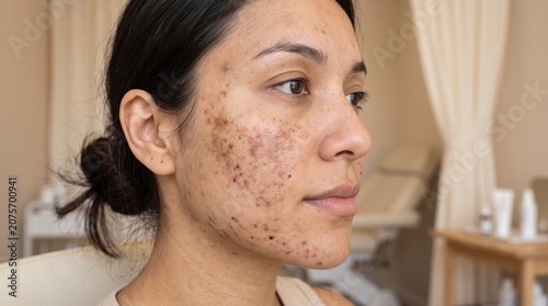 Woman with acne skin condition closeup.