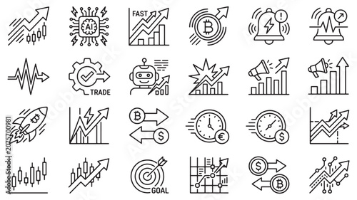 High Speed Crypto Trading and Financial Market Growth Booster Line Icons Set
