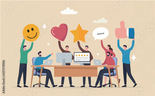 Customer feedback, user experience client satisfaction, opinion product and services, review rating evaluation concept, young adult or people giving emoticon to feedback such as stars, thumbs up