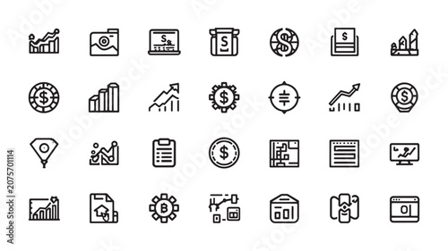 Digital Asset Management and Corporate Finance Analytics Line Icons Set