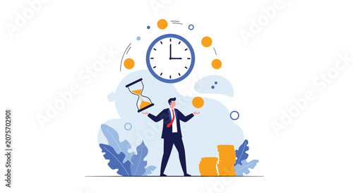 Business man juggling golden coins under a clock and hourglass to represent the challenges of time management and financial planning.