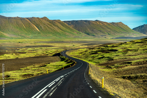 Winding Ring Road through Myvatn volcanic landscape, Iceland