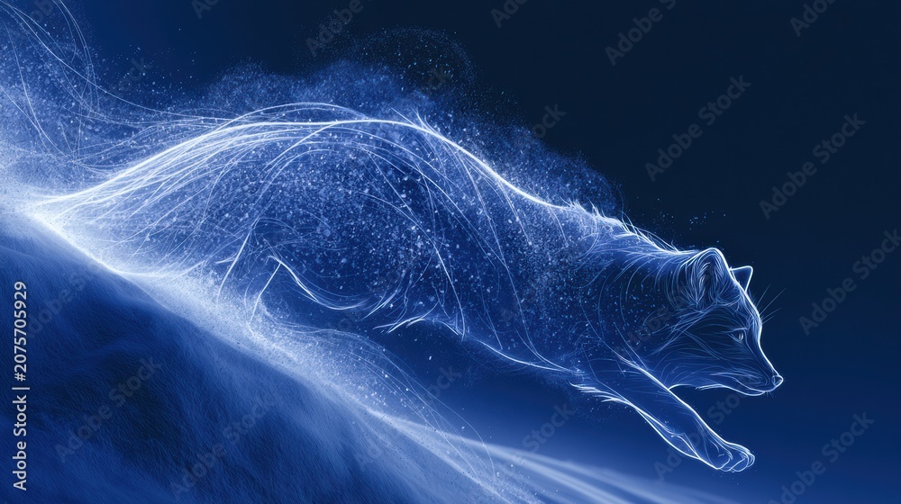 Fototapeta premium An arctic fox pounces on prey with a dramatic dive into a snowbank, leaving trails of white dust under a dark sky.