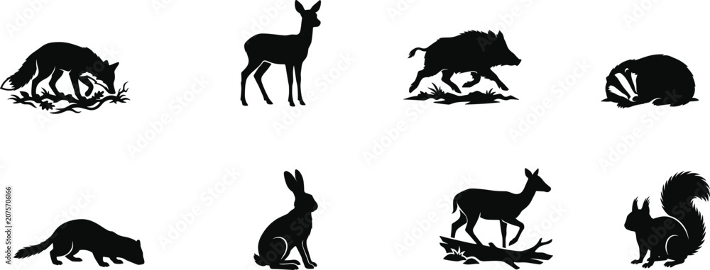 Obraz premium Woodland Wildlife Animal Silhouette Collection Featuring Fox Deer Wild Boar Rabbit Badger and Squirrel Vector Set