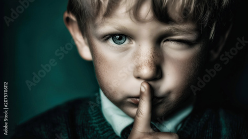 Shushing boy portrait with finger on lips in dramatic low key lighting.


