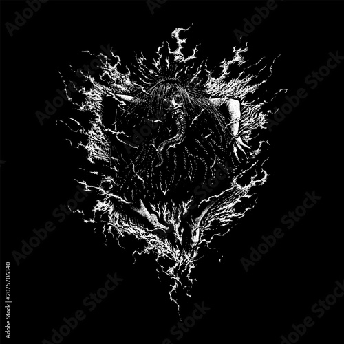 Hand-drawn Balinese Leak Rangda witch with long tongue in dark vintage engraving style. Mythical Indonesian demon creature vector illustration isolated on black background.