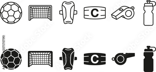 Photography Soccer football icons set with goal net, ball, shin guard