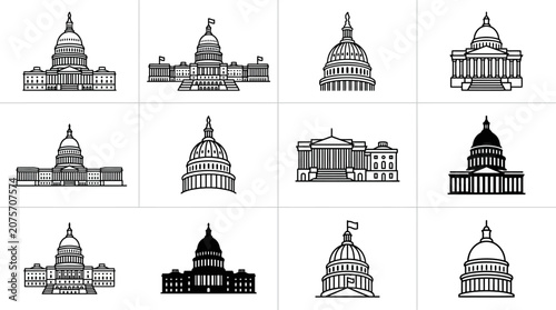 A collection of various government building icons in a simple black and white line art style