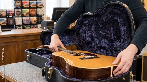 Musician carefully placing a glossy acoustic guitar into a plush lined hard case