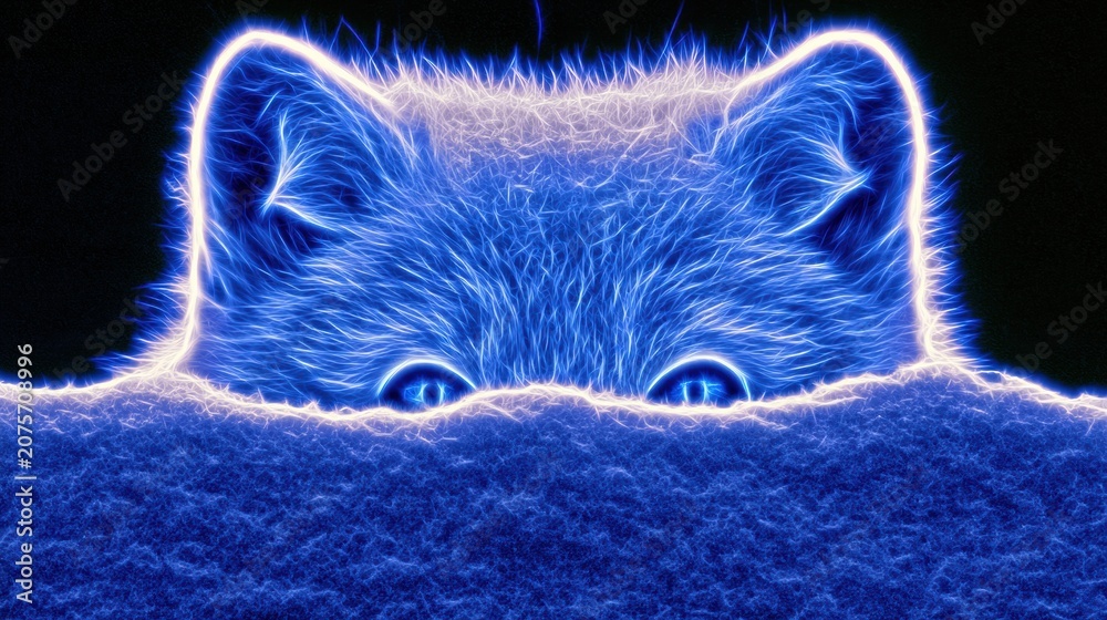 Fototapeta premium Arctic fox looks over snowy ridge at night, only eyes and ears seen with bright blue and white neon glow against dark winter backdrop.