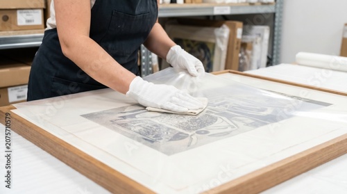 Art conservator wearing white gloves carefully cleaning a framed artwork with a cloth