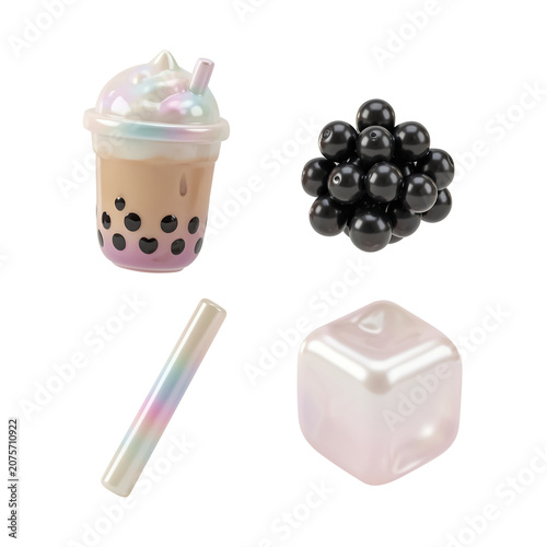 3D Bubble Milk Tea and Tapioca Pearls Icon Set