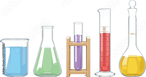 Vászonkép Laboratory glassware set with colorful chemical liquids including beaker erlenme