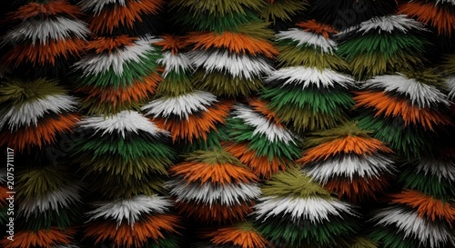 Colorful spiky hair extensions in orange green and white on black background