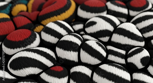 Colorful striped spherical objects in various colors and patterns  closeup view