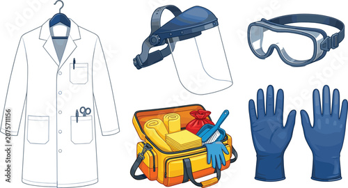 Foto Laboratory safety equipment and personal protective suit gear set featuring lab