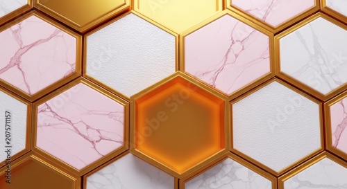 Hexagonal tiles with gold borders and marble patterns on white background  decorative wall or floor design