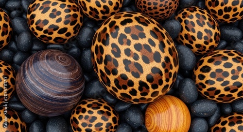Leopard print Easter eggs and natural seashells on black pebbles for decoration  seasonal holiday home decor