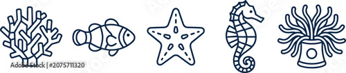Foto Minimalist ocean life line icon set featuring coral clownfish starfish seahorse