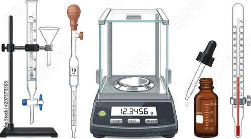 Canvas Print Professional laboratory equipment set featuring analytical balance burette stand