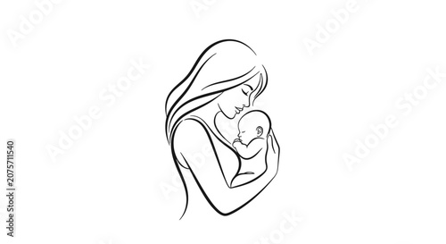 Obraz na plátně Elegant line art drawing of a mother tenderly embracing her baby, expressing profound maternal affection on an isolated white background
