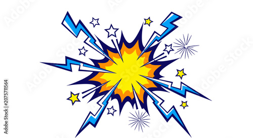Photos Vibrant comic style explosion graphic with stars and lightning bolts, conveying impact and energy on an isolated white background