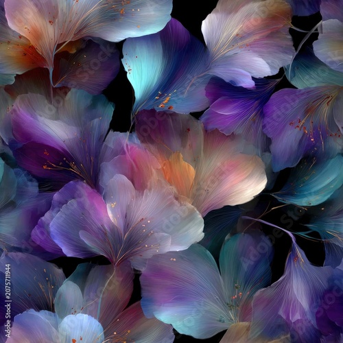 Ethereal seamless floral pattern of glowing purple and blue orchid flowers