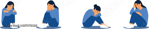 Fotografie Woman in blue clothing sitting in various poses of distress or sadness