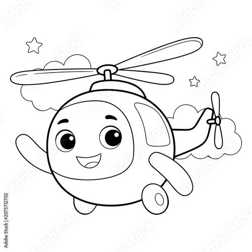 Cute cartoon helicopter coloring page for kids, friendly aircraft character with stars and clouds, black and white outline vector illustration