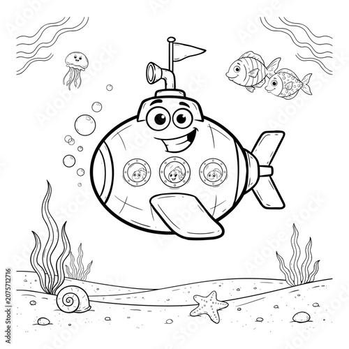 Cartoon submarine coloring page for kids, underwater sea life vector illustration, cute submarine character with fish and jellyfish in ocean