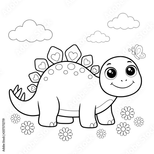 Cute stegosaurus coloring page for kids, cartoon dinosaur vector illustration with hearts and flowers, black and white line art for children activity book