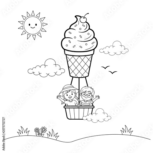 Coloring page for kids featuring children in an ice cream hot air balloon, whimsical summer scene with sun and clouds, black and white vector line art